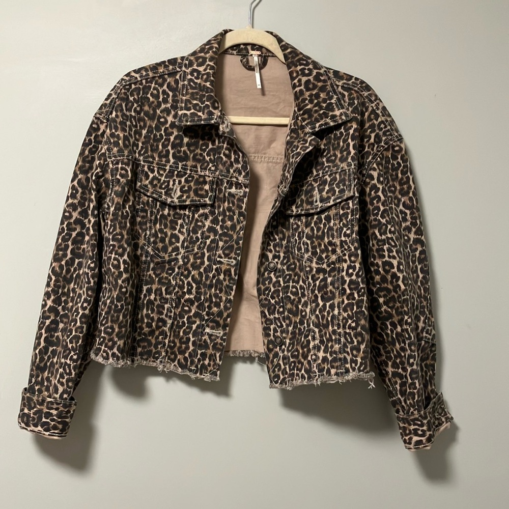 Free People Leopard Print Cropped Denim Jacket